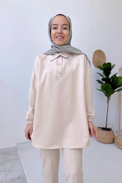 Gömlek Yaka İki İplik Takım - Bej