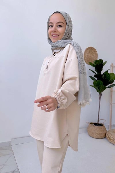 Gömlek Yaka İki İplik Takım - Bej