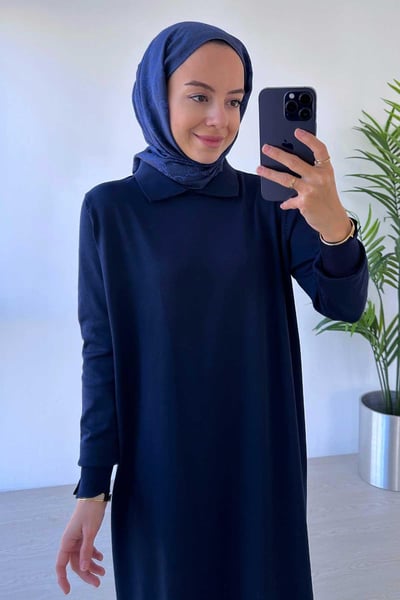 Gömlek Yaka Merserize Elbise - Lacivert
