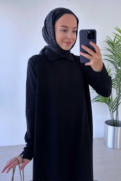 Gömlek Yaka Merserize Elbise - Siyah