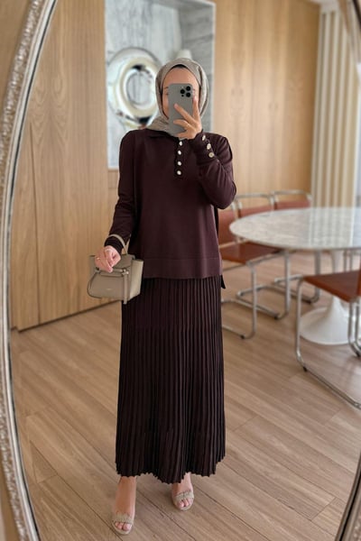 Işıltı Detay Etekli Merserize Takım - Kahverengi