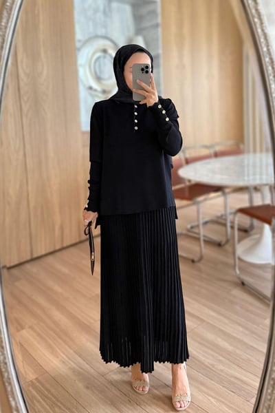 Işıltı Detay Etekli Merserize Takım - Siyah