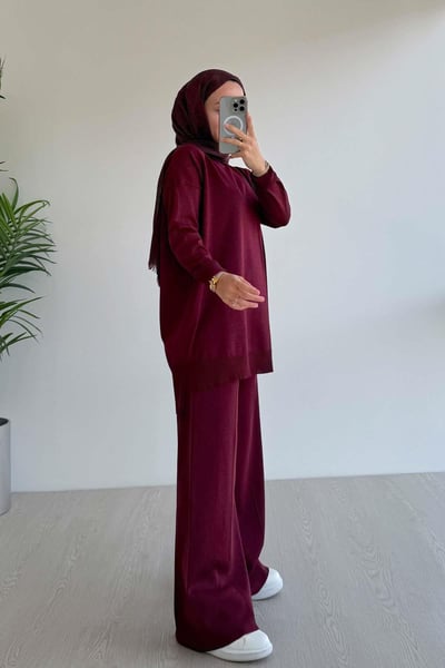 Işıltılı Merserize Takım - Bordo