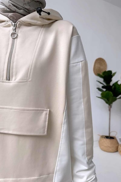 Kanguru Cep Kapüşonlu Takım - Bej