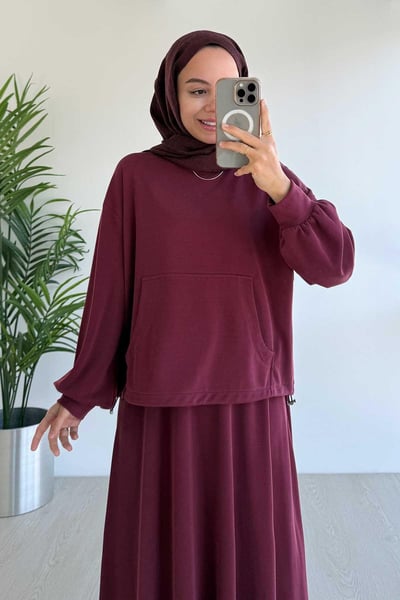Kanguru Cep Oysh Kumaş Etekli İkili Takım - Bordo