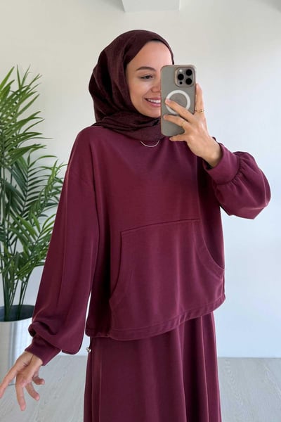 Kanguru Cep Oysh Kumaş Etekli İkili Takım - Bordo