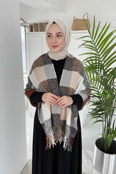 Kareli Omuz Şalı Atkı - Kahverengi