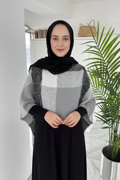 Kareli Omuz Şalı Atkı - Siyah