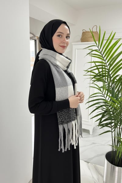 Kareli Omuz Şalı Atkı - Siyah