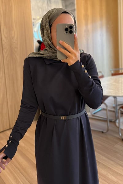 Kemerli Gömlek Yaka Merserize Elbise - Füme