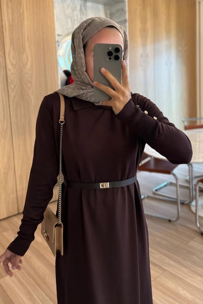 Kemerli Gömlek Yaka Merserize Elbise - Kahverengi