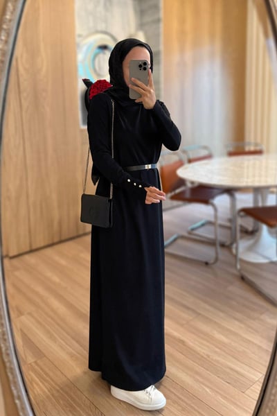 Kemerli Gömlek Yaka Merserize Elbise - Siyah