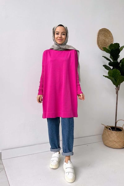 Kol Detay Merserize Tunik - Fuşya