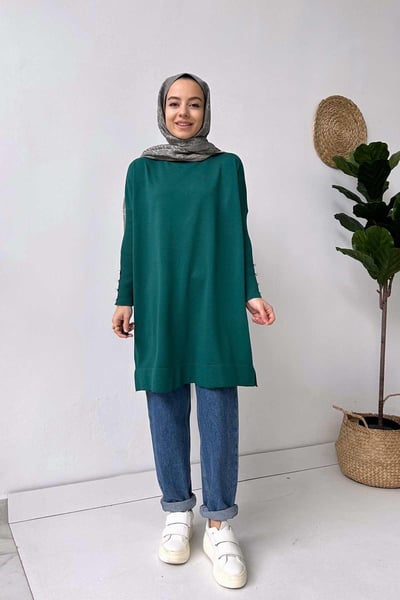 Kol Detay Merserize Tunik - Zümrüt