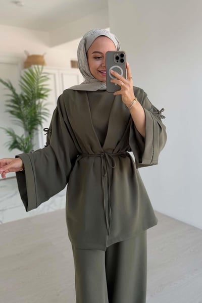 Kolları Fiyonk Detay Bağlamalı İkili Takım - Haki