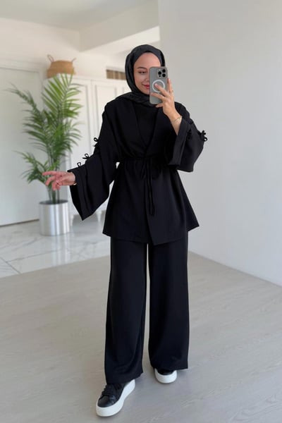 Kolları Fiyonk Detay Bağlamalı İkili Takım - Siyah