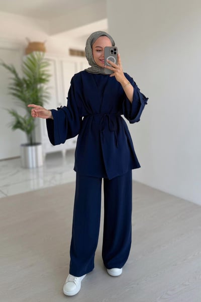 Kolları Fiyonk Detay Bağlamalı İkili Takım - Lacivert