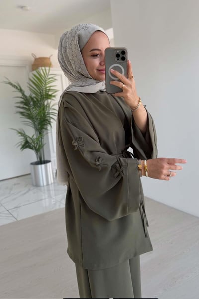 Kolları Fiyonk Detay Bağlamalı İkili Takım - Haki