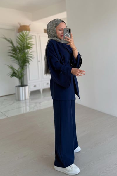 Kolları Fiyonk Detay Bağlamalı İkili Takım - Lacivert