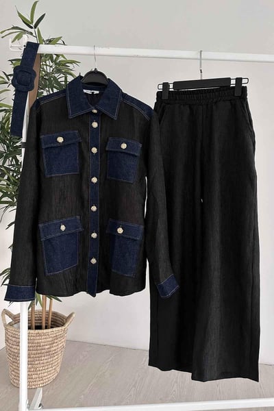 Kot Detay Gold Düğmeli Takım - Siyah