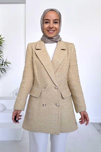 Kruvaze Tüvit Blazer Ceket - Bej