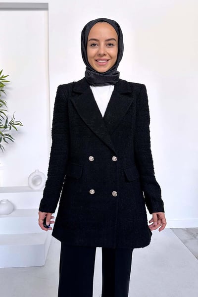 Kruvaze Tüvit Blazer Ceket - Siyah