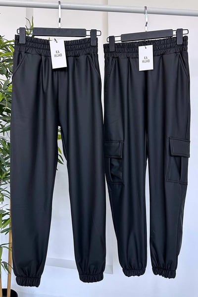 Lastik Detay Deri Jogger Pantolon - Siyah