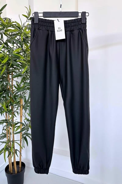 Lastik Detay Deri Jogger Pantolon - Siyah