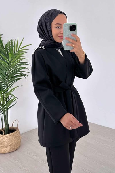 Omuz Detay İkili Kimono Scuba Takım - Siyah
