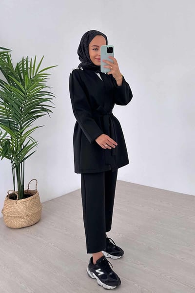 Omuz Detay İkili Kimono Scuba Takım - Siyah