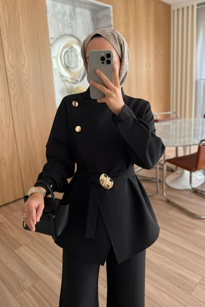 Omuz Düğmeli Trenç Takım - Siyah