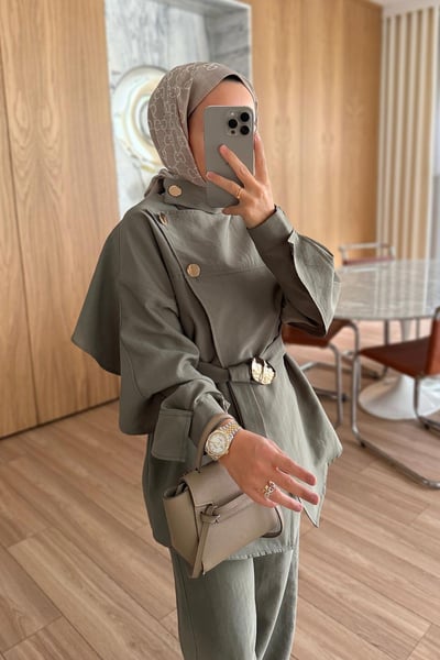 Omuz Düğmeli Trenç Takım - Yeşil