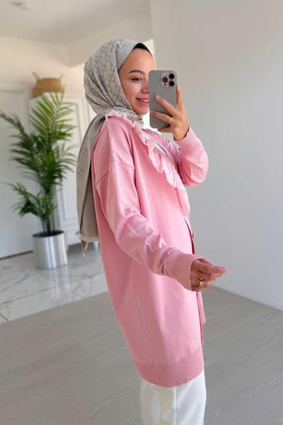 Omzu Fırfır Merserize Hırka - Pembe