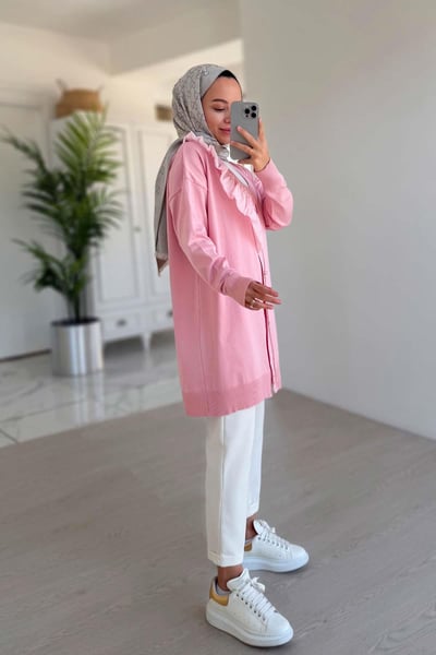 Omzu Fırfır Merserize Hırka - Pembe