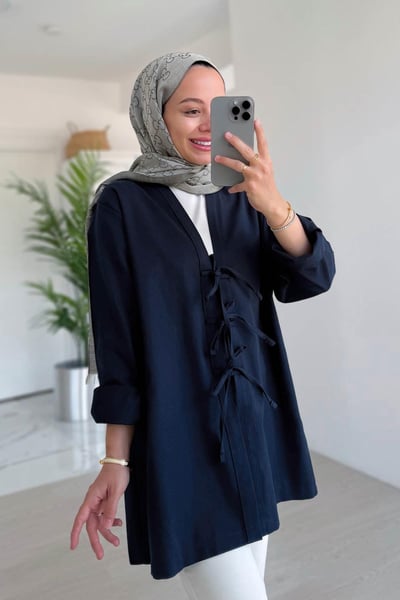 Önden Bağlamalı Gabardin Ceket - Lacivert