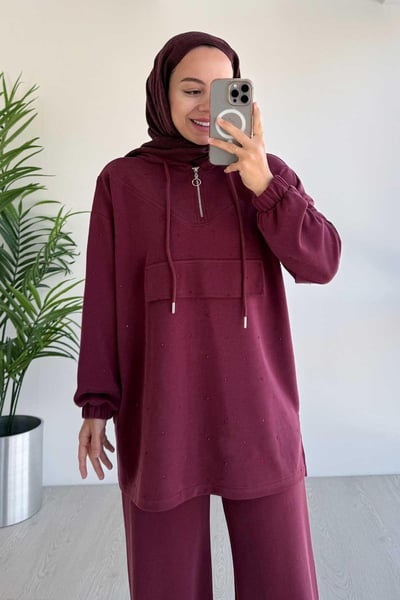 Önü Taşlı Oysh Kumaş İkili Takım - Bordo