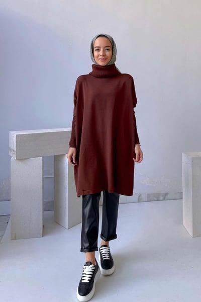 Oversize Merserize Tunik - Kahverengi
