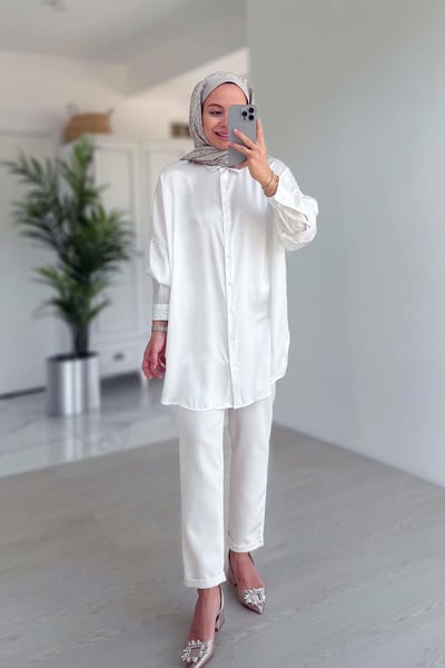 Oversize Saten Gömlek - Beyaz