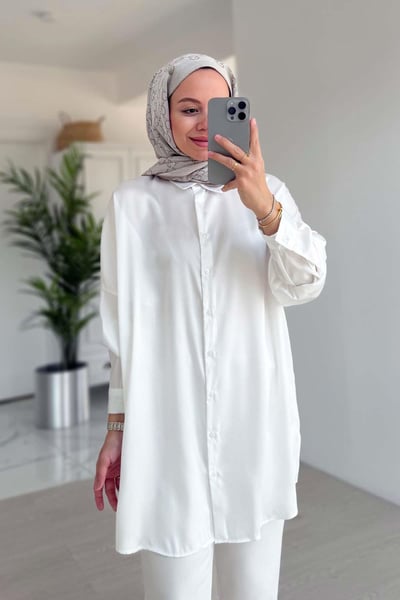 Oversize Saten Gömlek - Beyaz