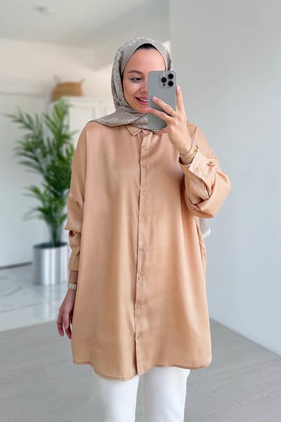 Oversize Saten Gömlek - Camel