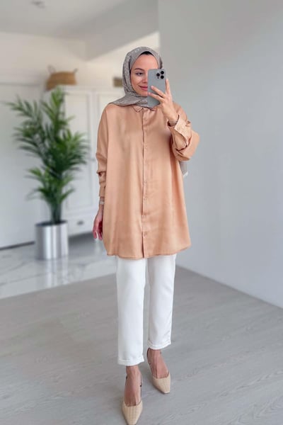 Oversize Saten Gömlek - Camel