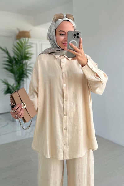 Parlak Dokulu Bol Kesim İkili Takım - Bej