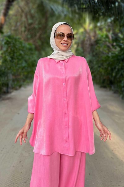 Parlak Dokulu Bol Kesim İkili Takım - Pembe