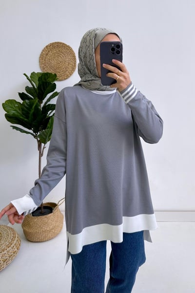 Renkli Merserize Tunik - Gri
