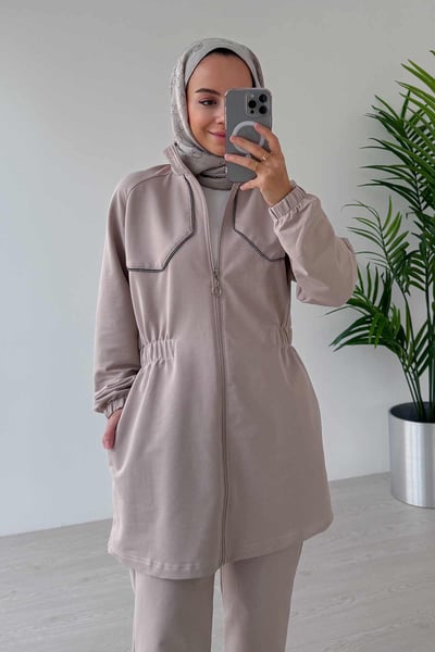 Taş Biye Beli Lastikli İki İplik Takım - Bej