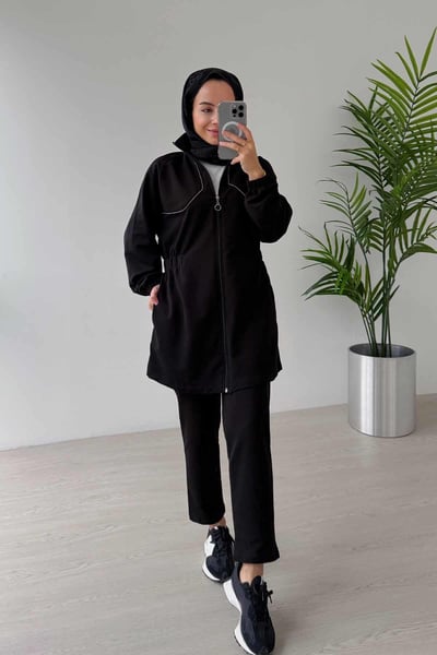 Taş Biye Beli Lastikli İki İplik Takım - Siyah