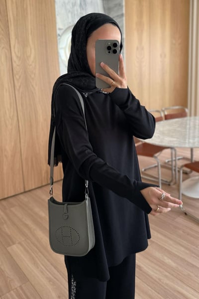 Taş Detaylı Merserize Takım - Siyah
