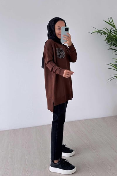 Taşlı Cep Merserize Tunik - Kahverengi
