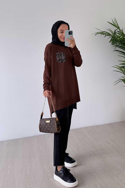 Taşlı Cep Merserize Tunik - Kahverengi