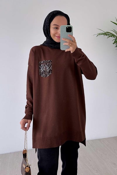 Taşlı Cep Merserize Tunik - Kahverengi